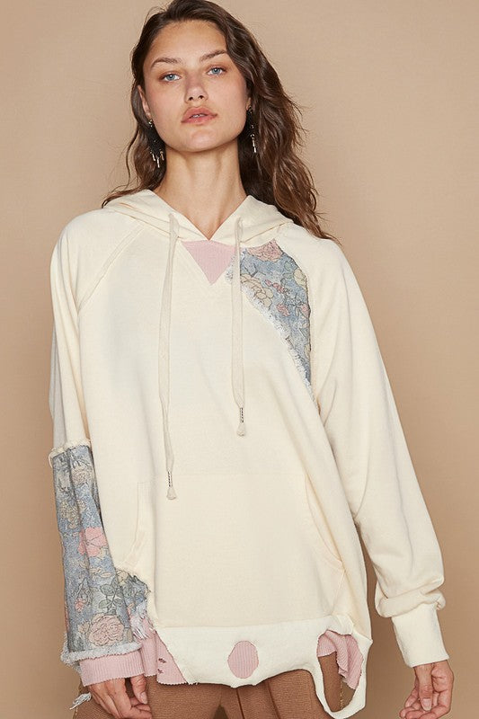 POL Floral Patchwork Distressed Drawstring Hoodie - Sydney So Sweet