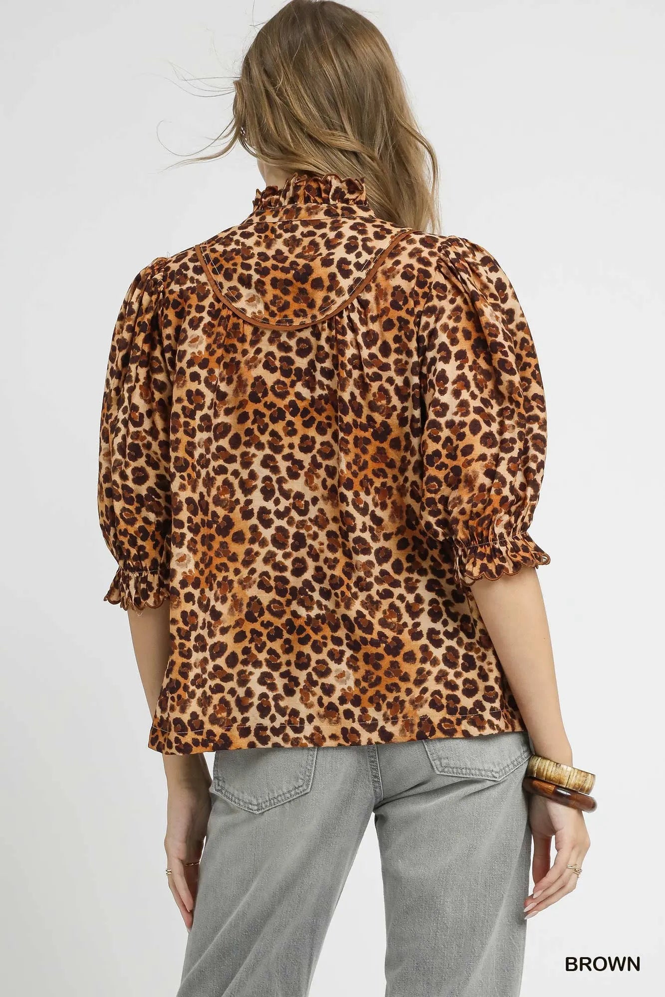Umgee Full Size Leopard Print Ruffle Neck Blouse Plus Size - Sydney So Sweet