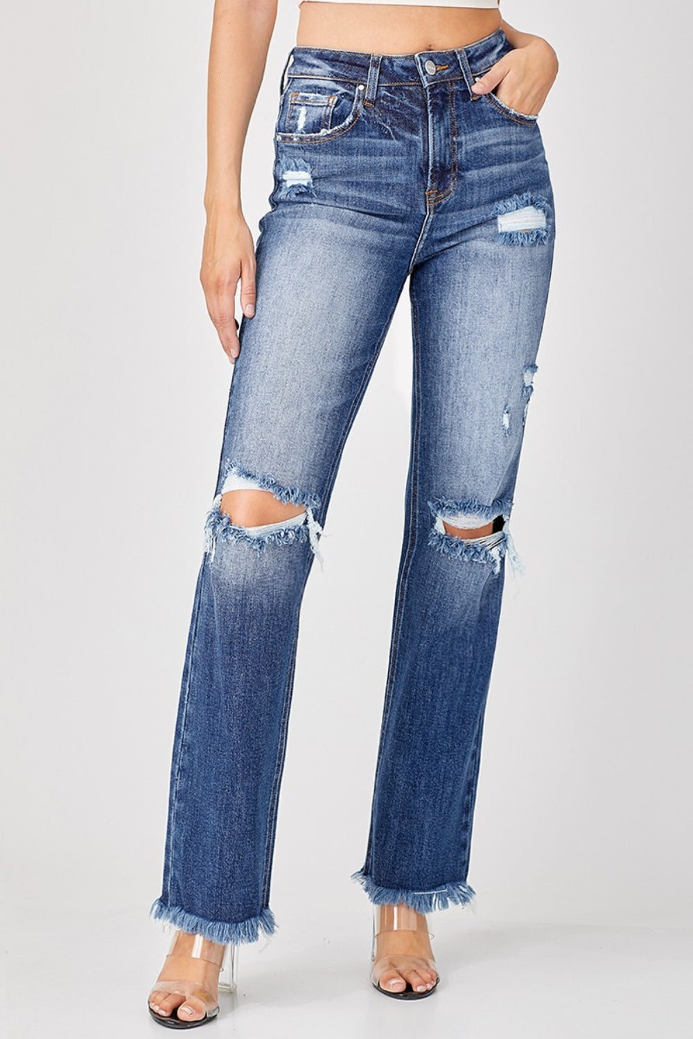 Risen Full Size Raw Hem Distressed Straight Jeans - Sydney So Sweet