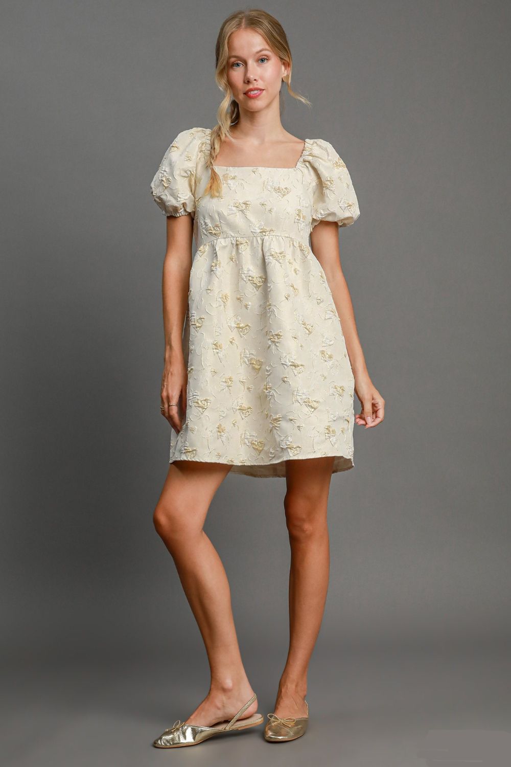 Umgee Heart Jacquard Square Neck Puff Sleeve Mini Dress - Sydney So Sweet