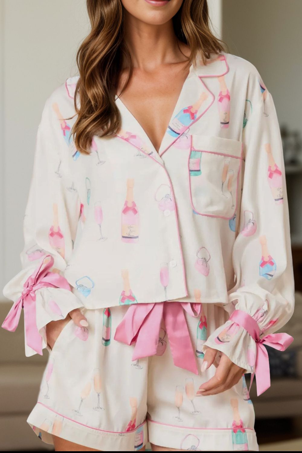 Bow Printed Collared Neck Top and Drawstring Shorts Lounge Set - Sydney So Sweet