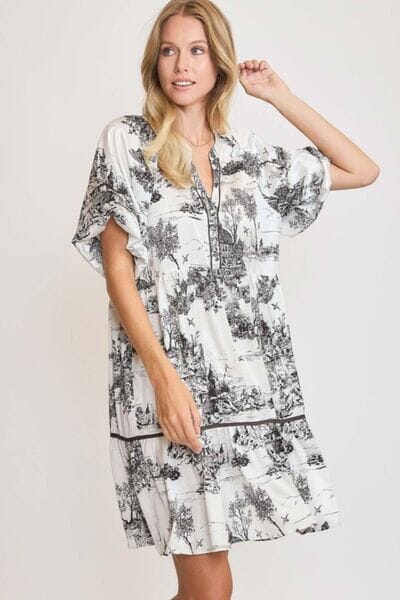 Umgee Full Size Two Tone Landscape Print Dress Plus Size - Sydney So Sweet