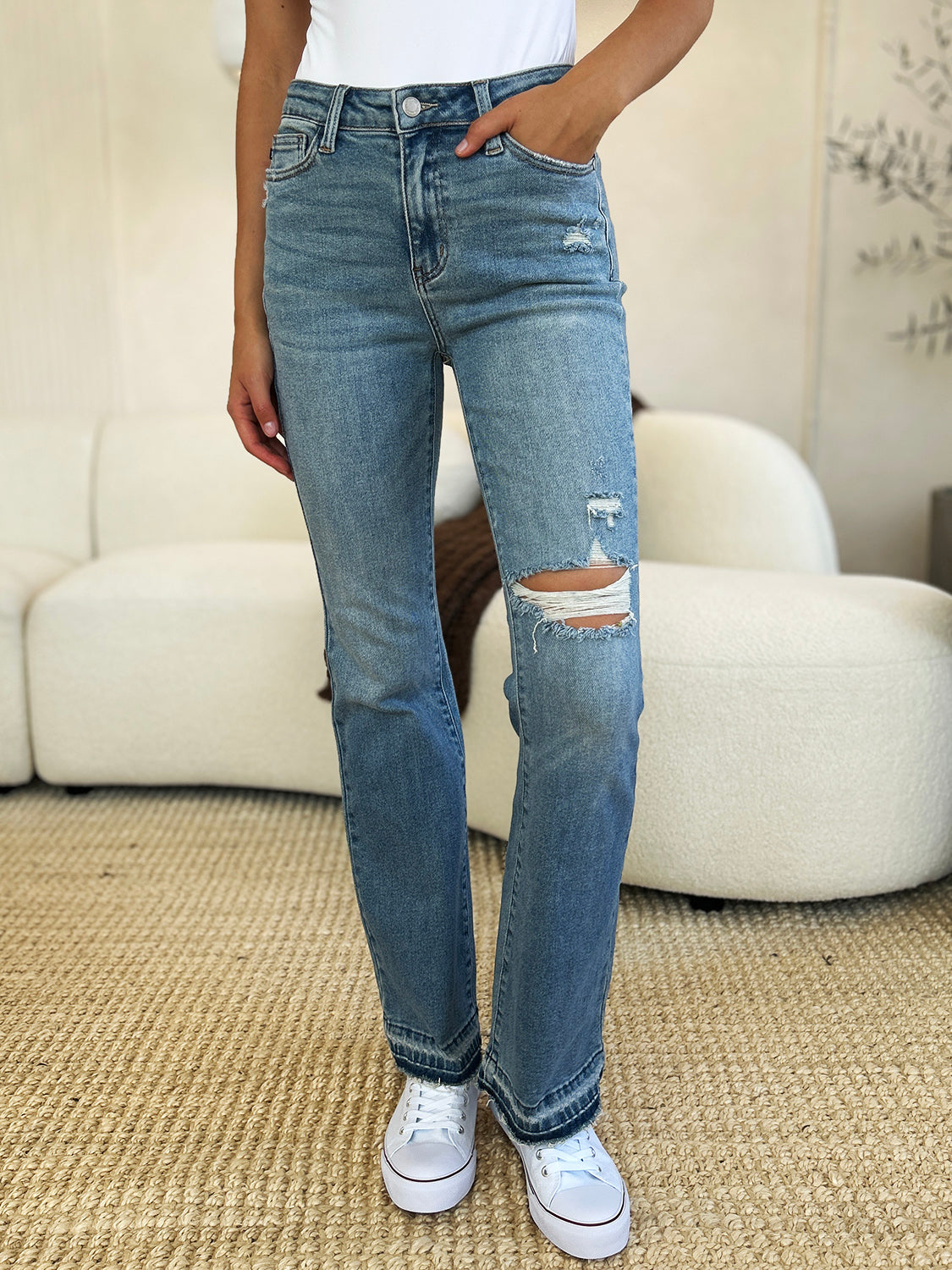 Judy Blue Full Size Mid Rise Destroyed Hem Distressed Jeans - Sydney So Sweet