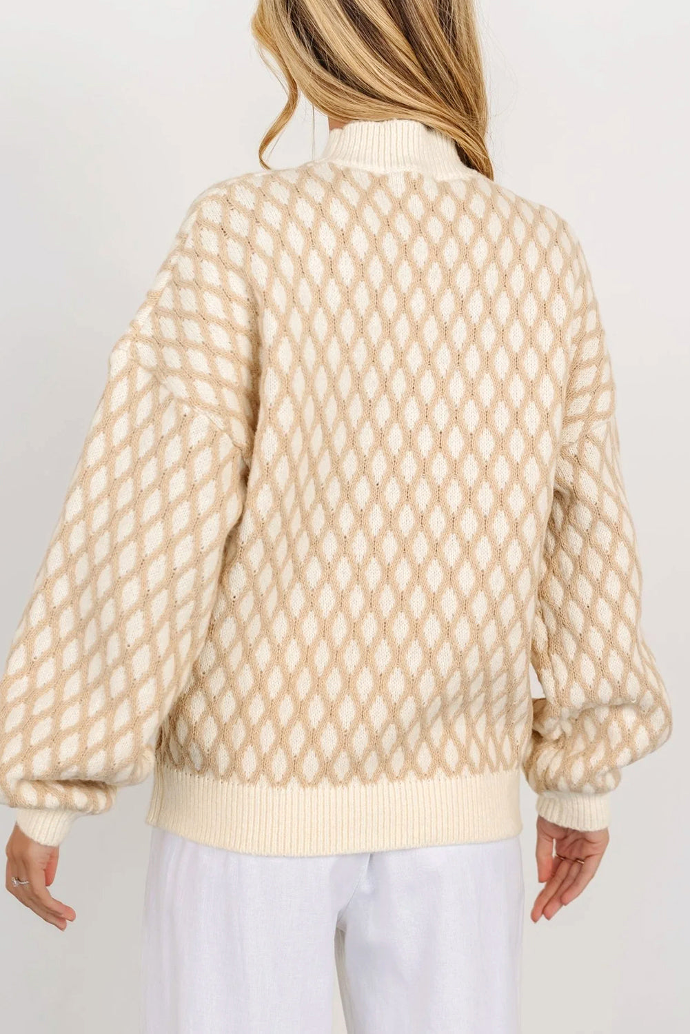 Diamond Pattern Mock Neck Long Sleeve Sweater - Sydney So Sweet