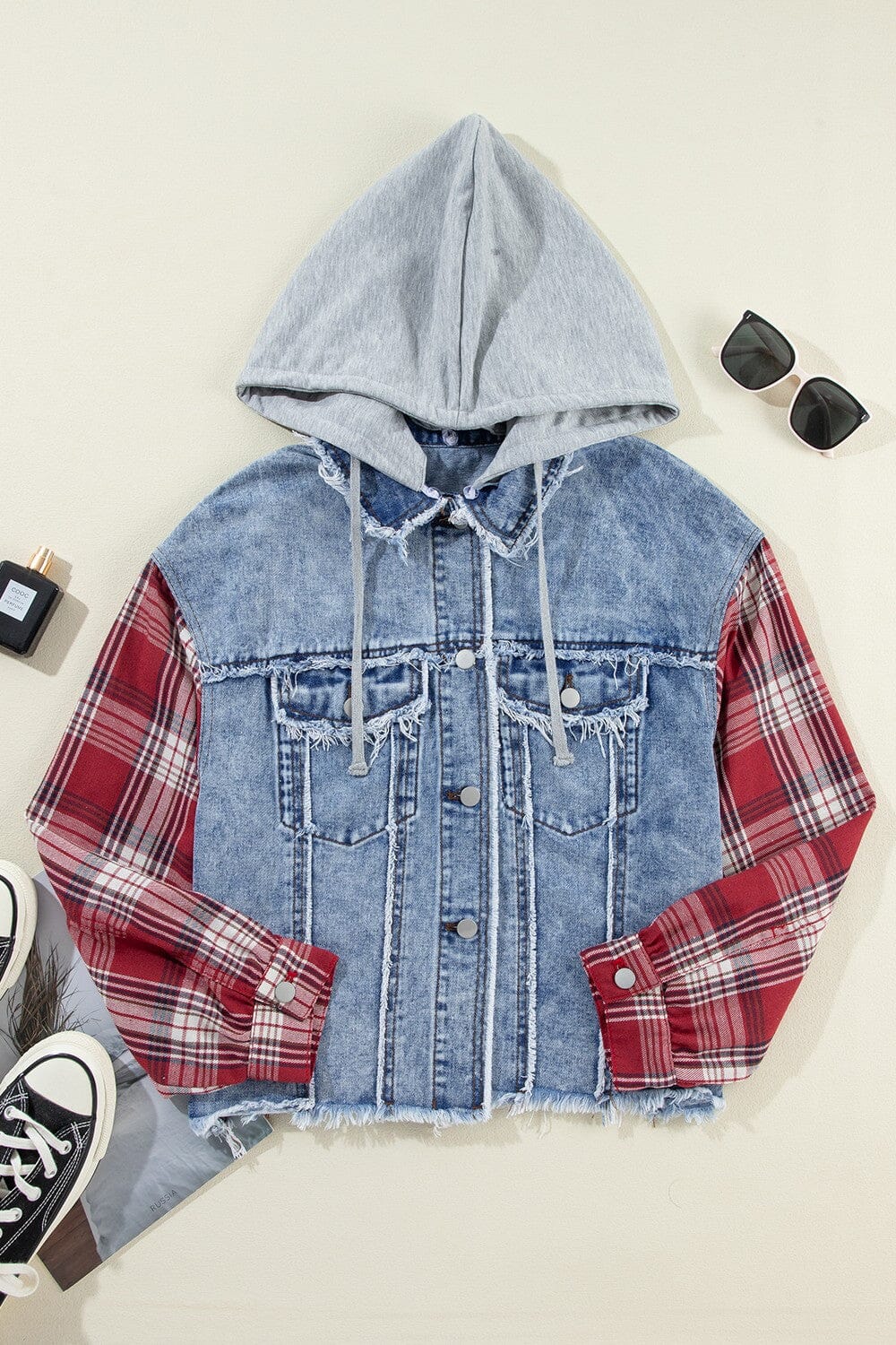 Raw Hem Drawstring Plaid Denim Jacket - Sydney So Sweet