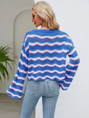 Round Neck Openwork Flare Sleeve Knit Top - Sydney So Sweet