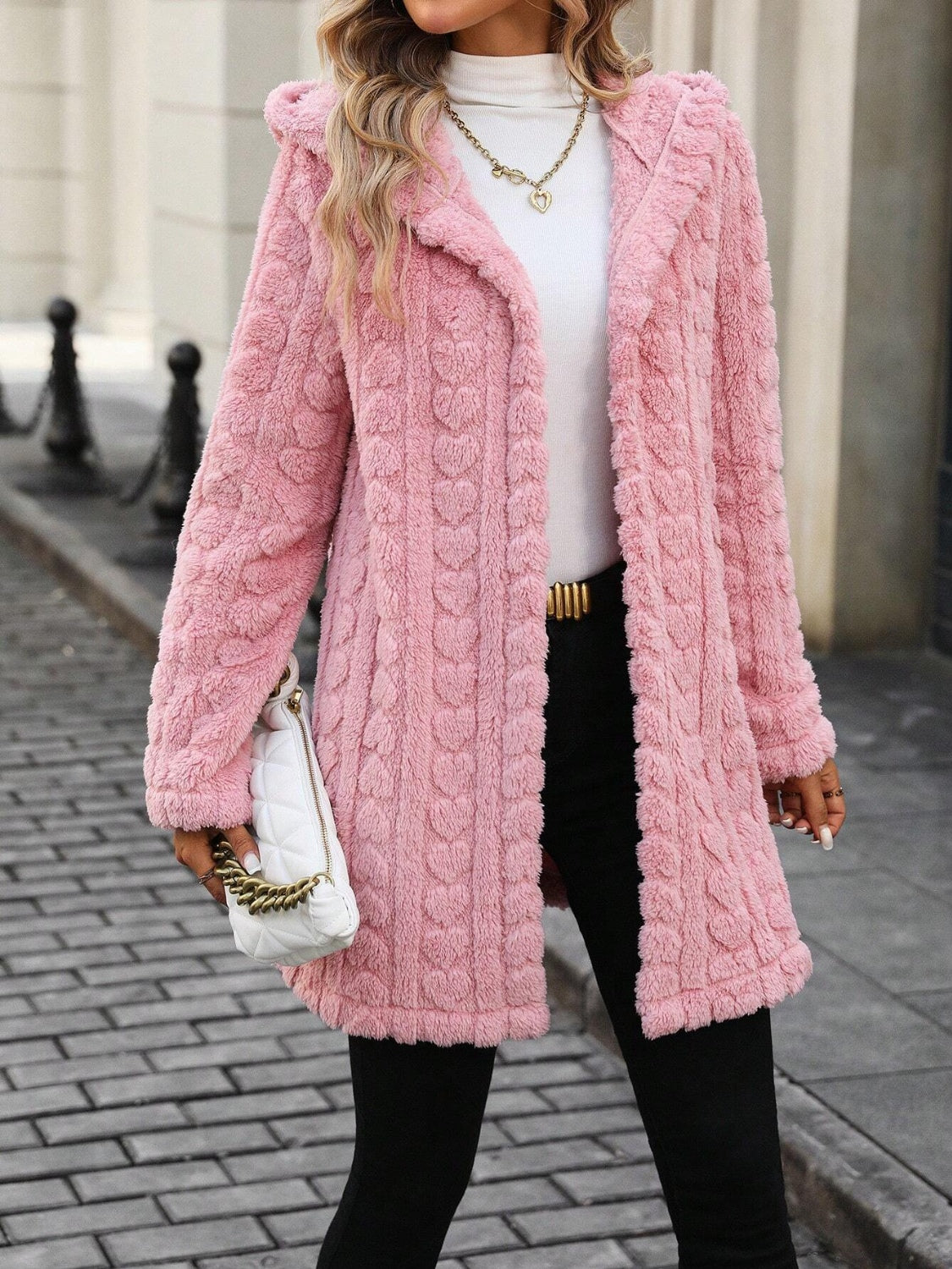 Heart Open Front Hooded Fuzzy Coat - Sydney So Sweet