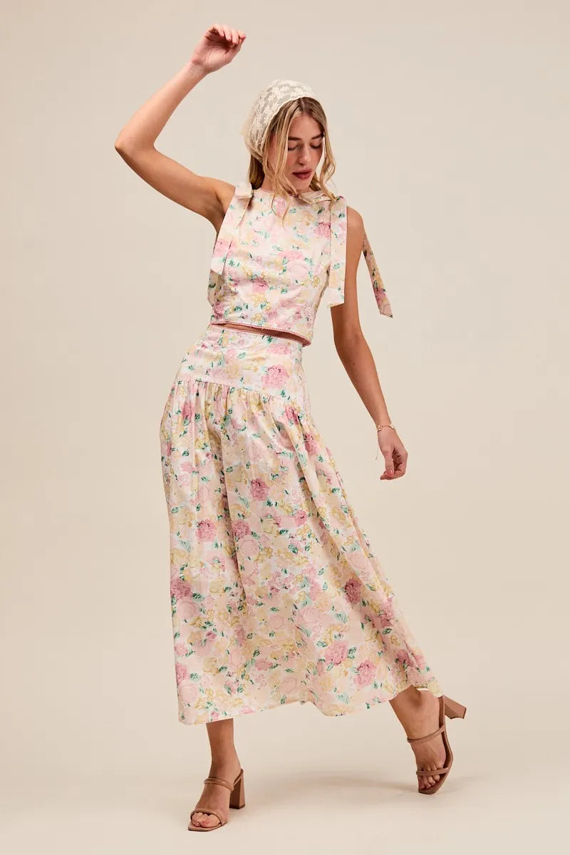 SO ME Floral Printed Woven Shoulder Bow Tie Top and Skirt Set - Sydney So Sweet