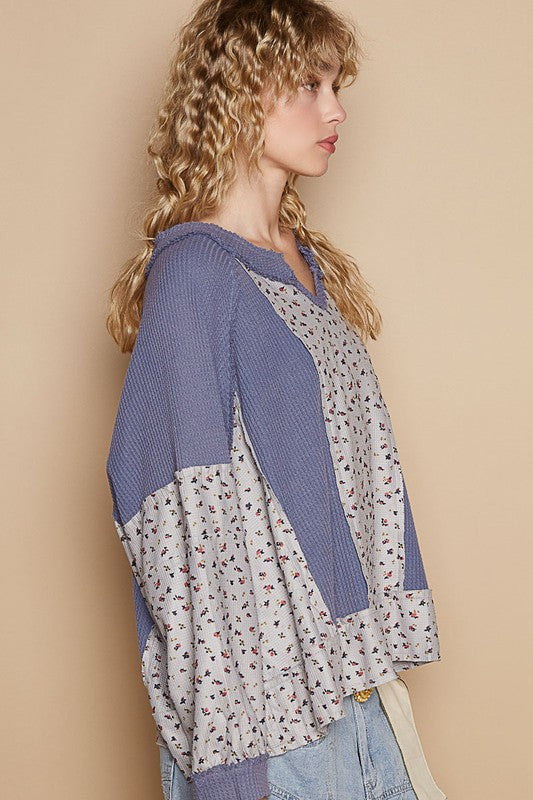 POL Waffle Knit Floral Notched Long Sleeve Top - Sydney So Sweet