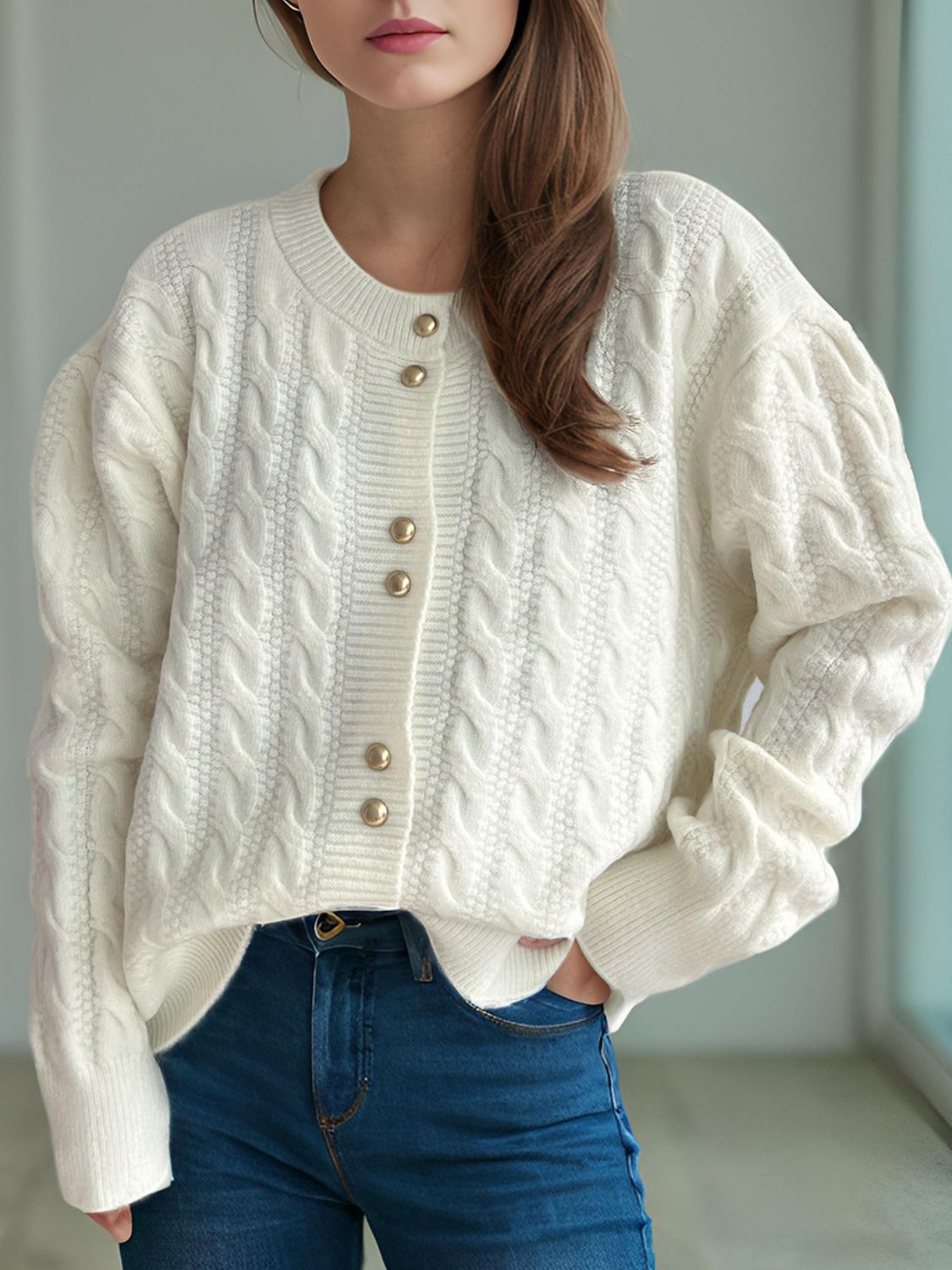 Cable-Knit Round Neck Long Sleeve Cardigan - Sydney So Sweet