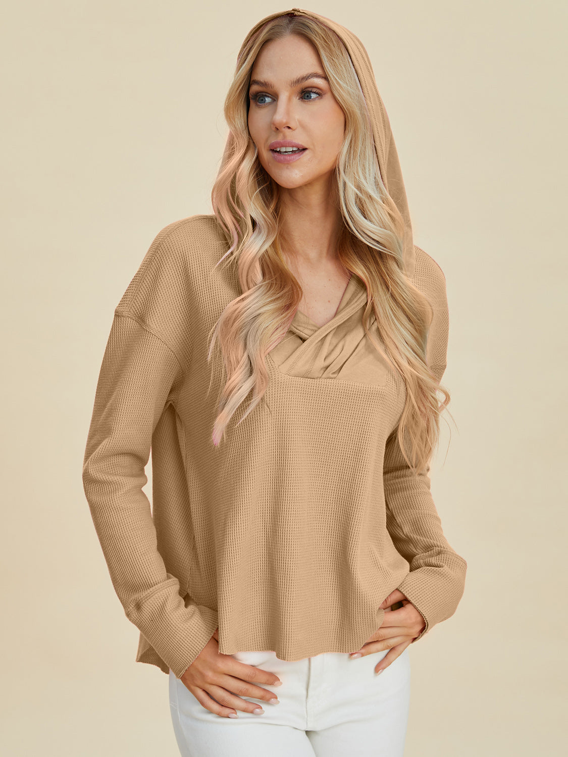 Double Take Full Size High-Low Dropped Shoulder Long Sleeve Hoodie - Sydney So Sweet