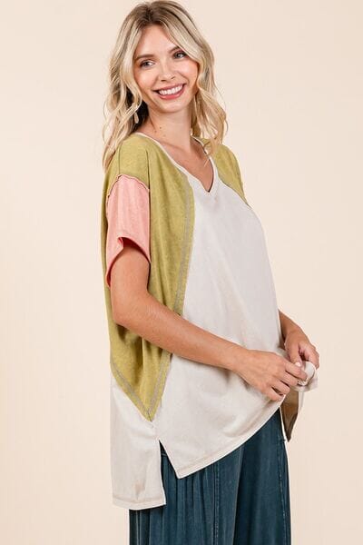 Mittoshop Color Block V-Neck Short Sleeve T-Shirt - Sydney So Sweet