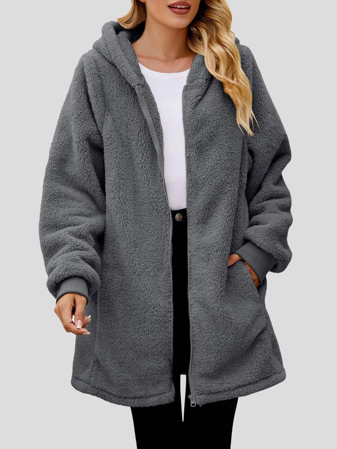 Fuzzy Pocketed Zip Up Long Sleeve Hooded Jacket - Sydney So Sweet