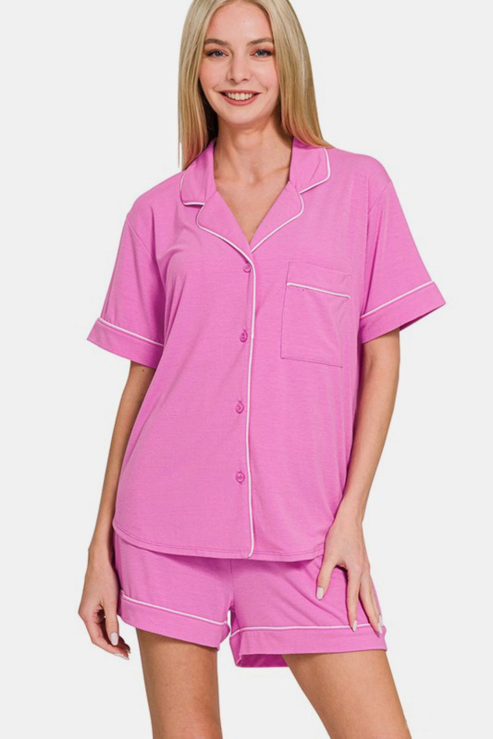 Zenana Button Down Short Sleeve Top and Shorts Lounge Set - Sydney So Sweet