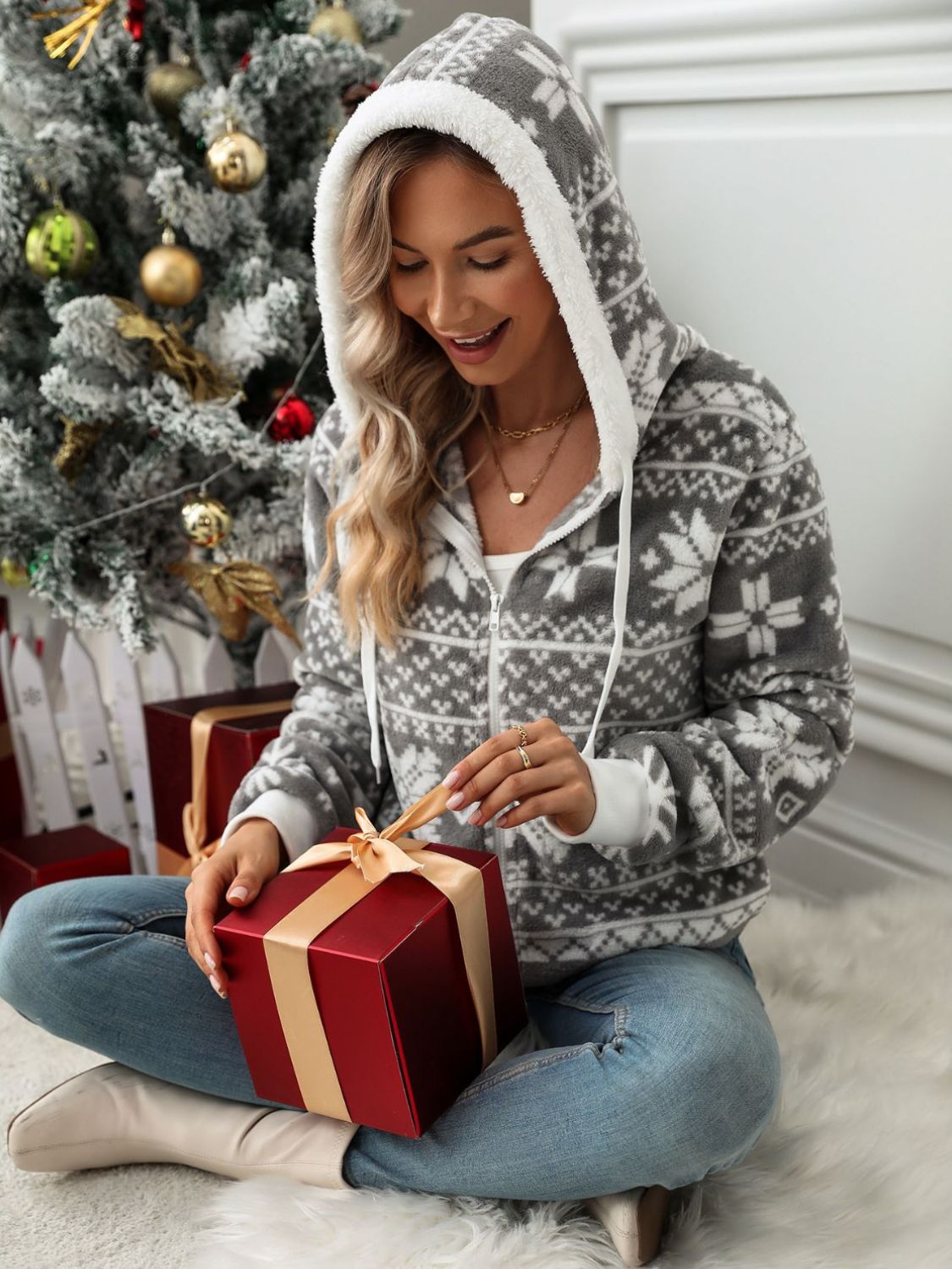 Drawstring Snowflake Zip Up Hooded Jacket - Sydney So Sweet