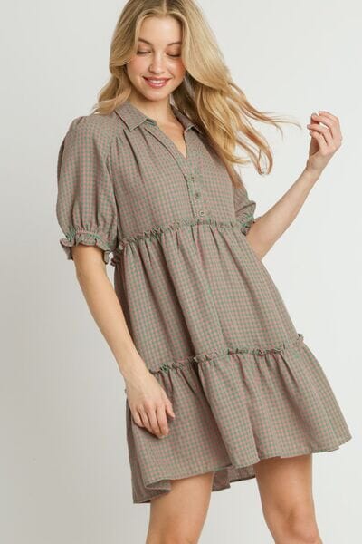 Umgee Full Size Plaid Frill Button Detail Ruffled Short Sleeve Dress Plus Size - Sydney So Sweet