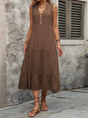 Decorative Button Notched Sleeveless Dress - Sydney So Sweet