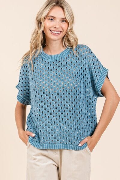 Mittoshop Mineral Wash Openwork Short Sleeve Knit Cover Up - Sydney So Sweet