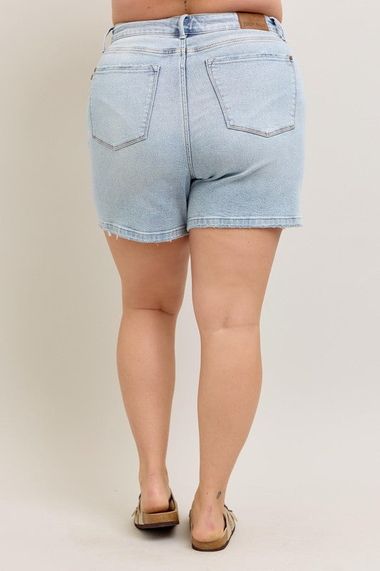 Judy Blue Full Size Frayed Hem High Rise Denim Shorts with Pockets Plus Size - Sydney So Sweet