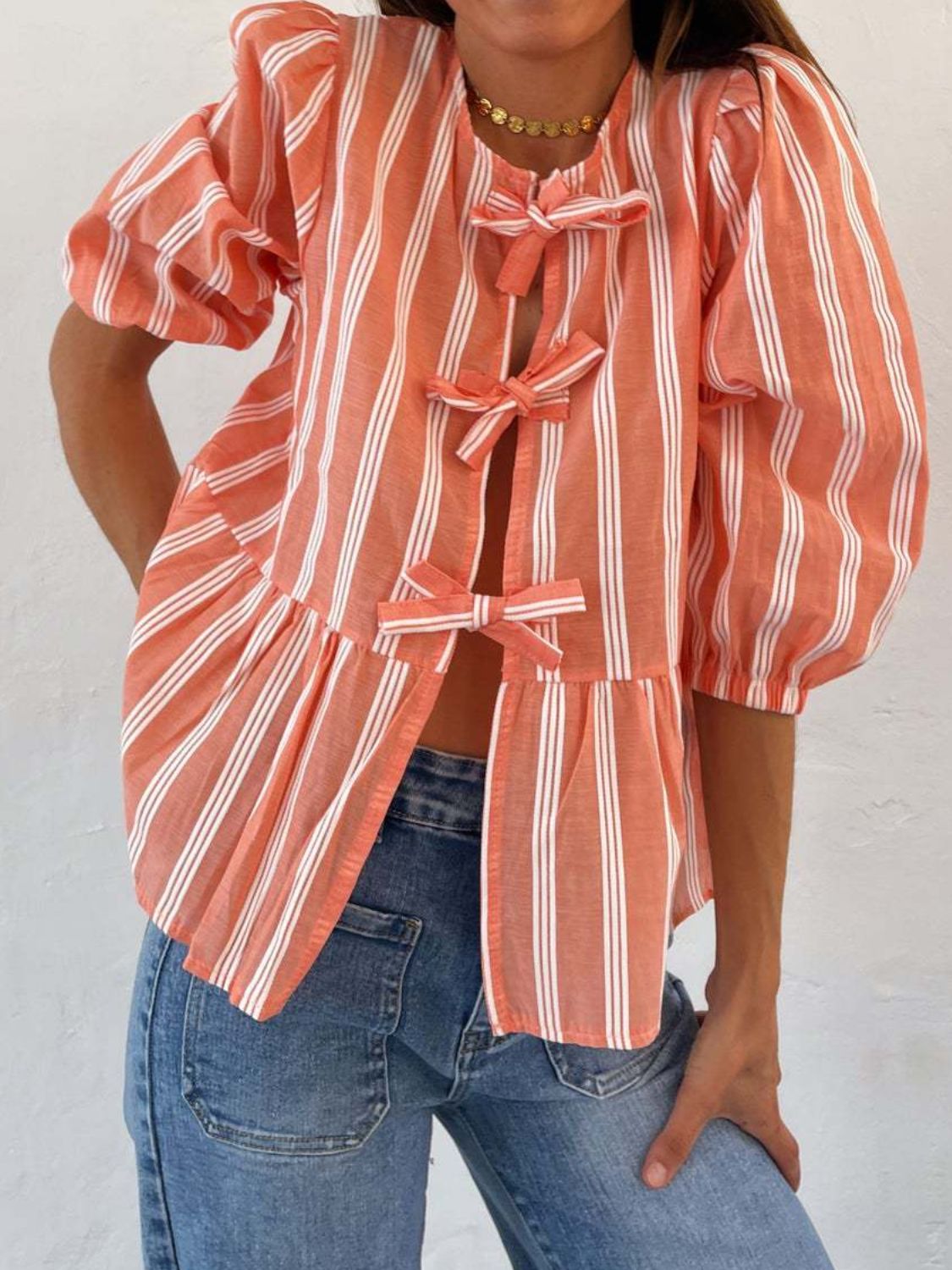 Tied Round Neck Balloon Sleeve Shirt - Sydney So Sweet