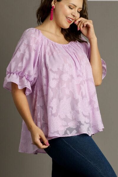 Umgee Full Size Jacquard Round Neck Ruffled Puff Sleeve Blouse Plus Size - Sydney So Sweet