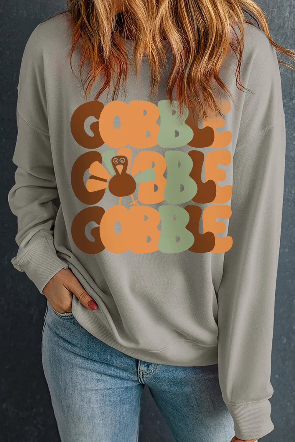 Gobble Gobble Gobble Women&#39;s Long Sleeve Thanksgiving Graphic Sweatshirt - Sydney So Sweet