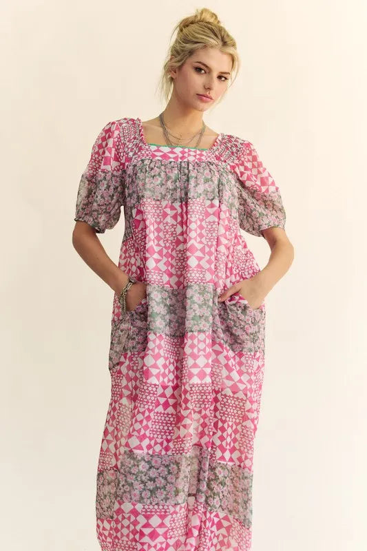 Davi & Dani Multi Floral Square Neck Puff Sleeve Maxi Dress - Sydney So Sweet