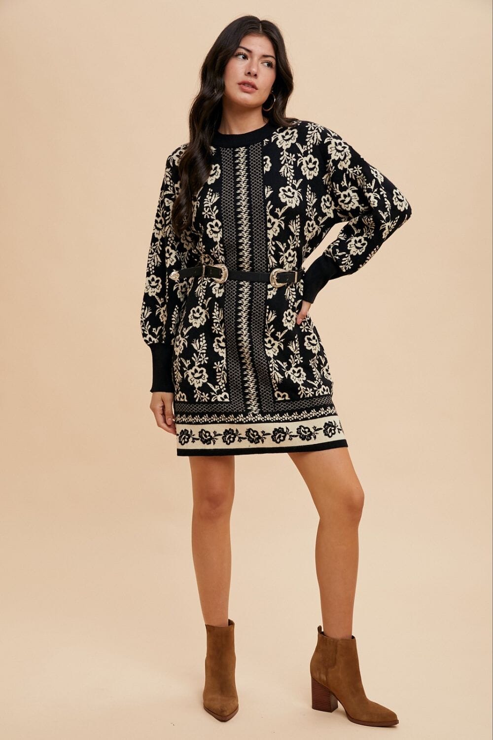 Annie Wear Floral Jacquard Round Neck Sweater Dress - Sydney So Sweet