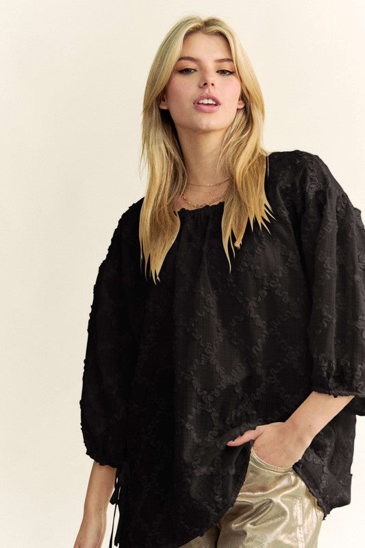 Davi & Dani Tied Round Neck Mesh Blouse - Sydney So Sweet