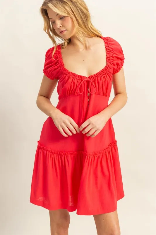 HYFVE Ruched Frill Tiered Short Sleeve Mini Dress Red / M HYFVE Ruched Frill Tiered Short Sleeve Mini Dress Red / M