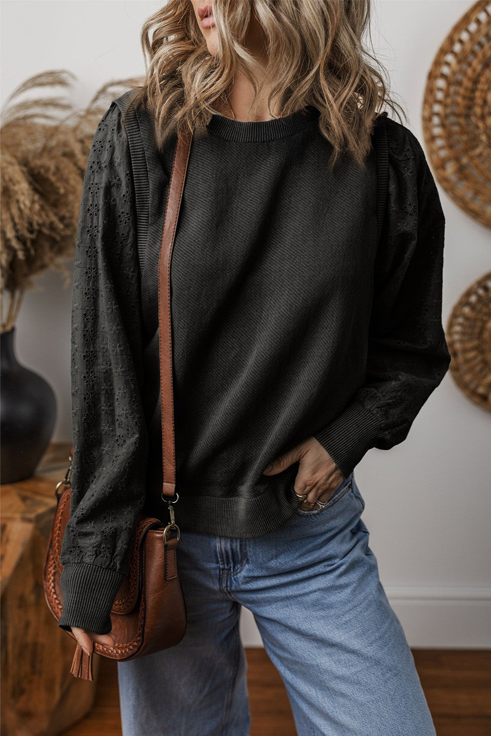 Eyelet Round Neck Long Sleeve Sweatshirt - Sydney So Sweet