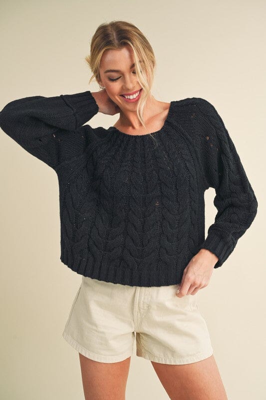 Aemi + Co Cable-Knit Openwork Round Neck Sweater - Sydney So Sweet