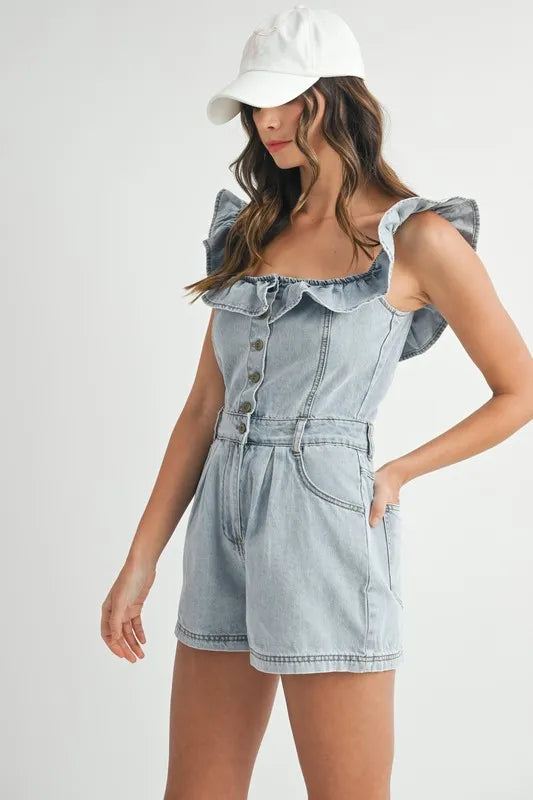 MABLE Off Shoulder Ruffle Detail Denim Romper - Sydney So Sweet