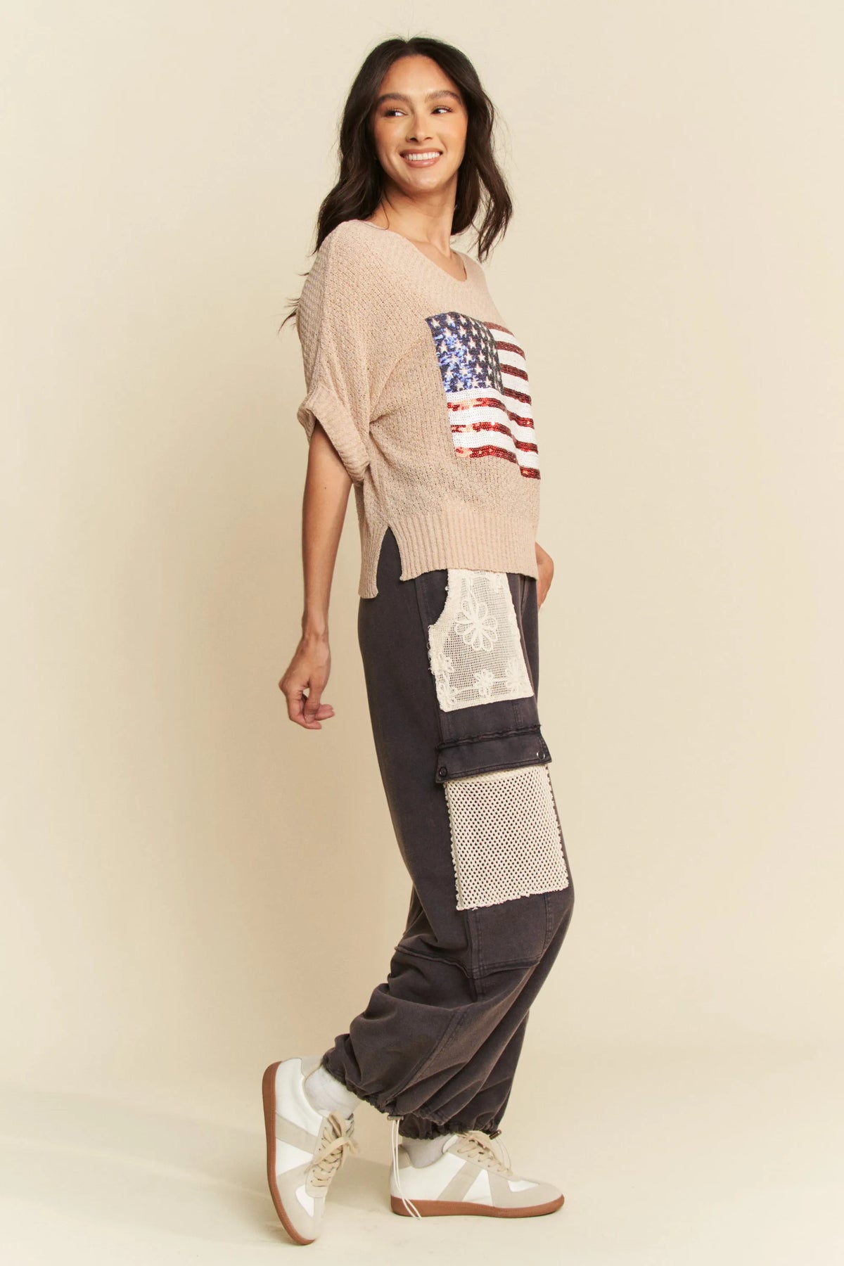 Davi & Dani Sequin American Flag Patch Short Sleeve Knit Top - Sydney So Sweet