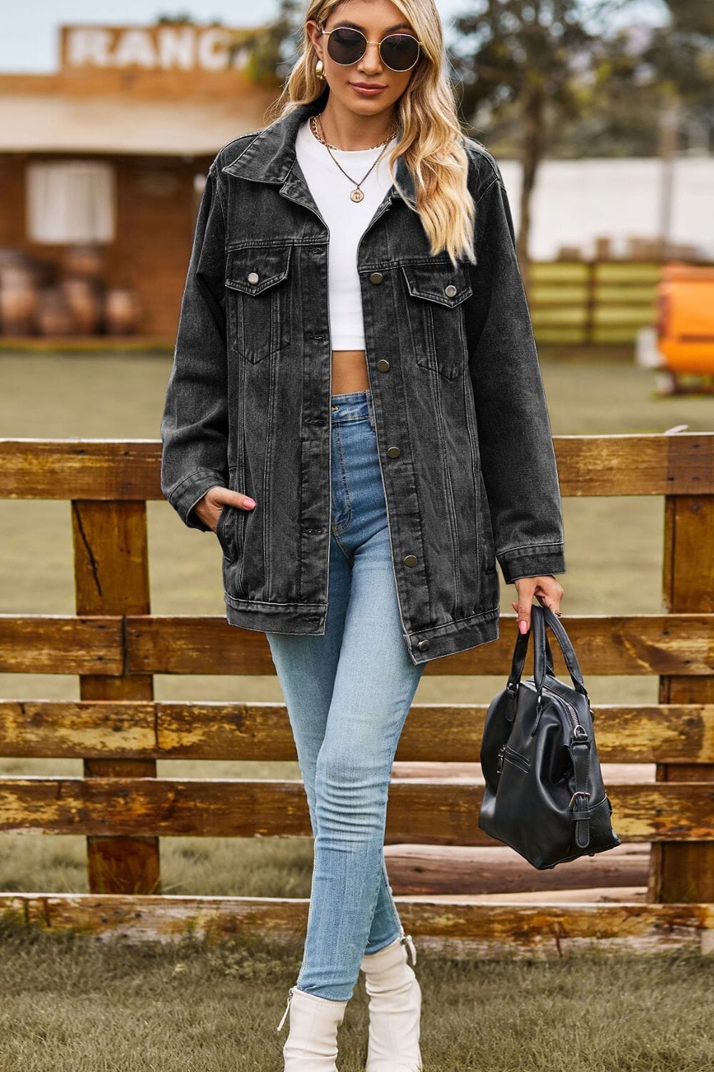 Buttoned Collared Neck Denim Jacket with Pockets - Sydney So Sweet