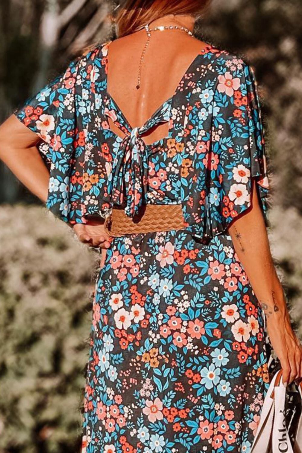 Tied Printed Round Neck Half Sleeve Dress - Sydney So Sweet