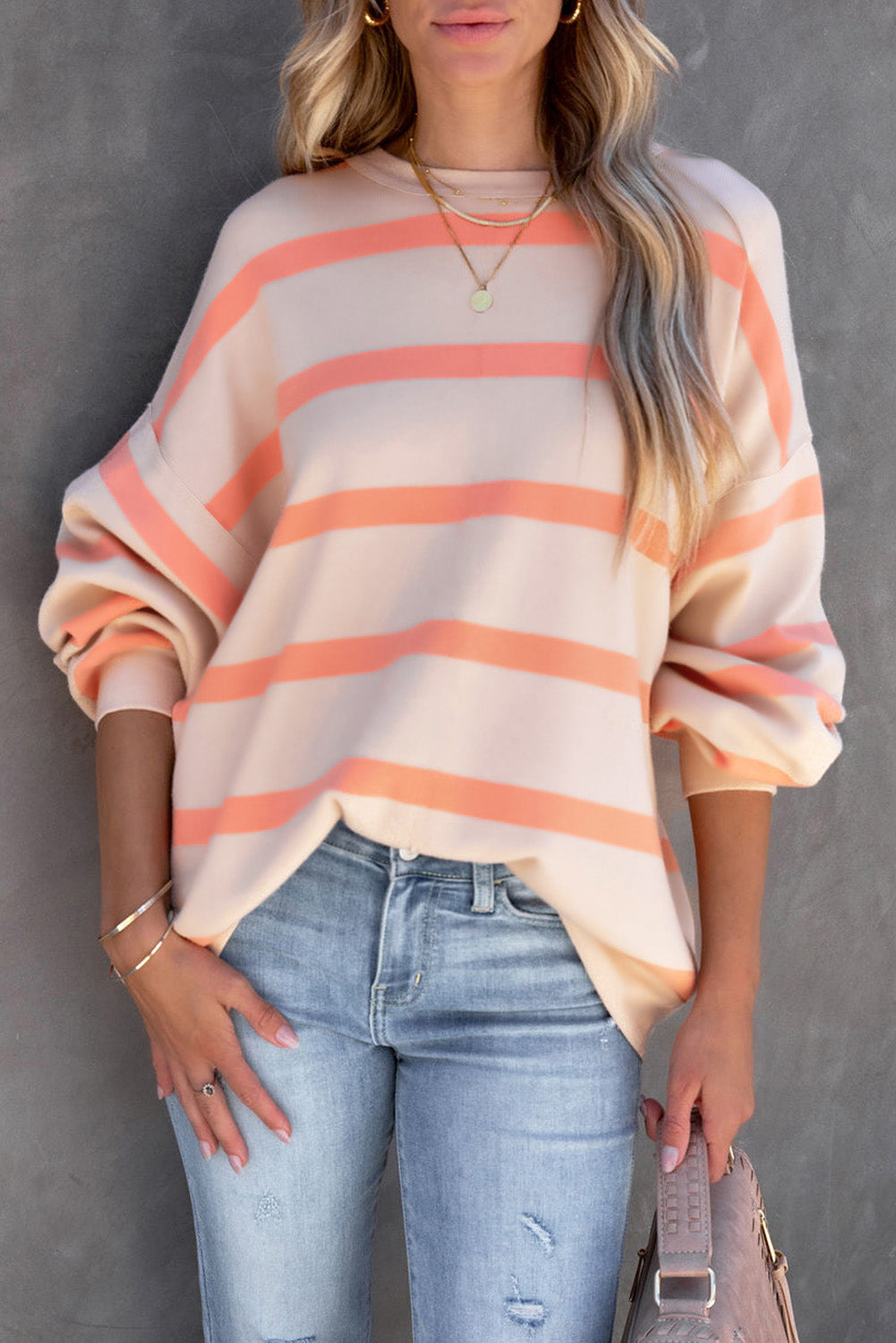 Striped Round Neck Dropped Shoulder Sweatshirt - Sydney So Sweet