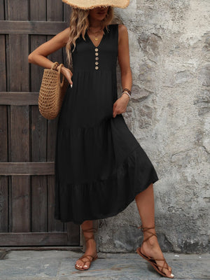 Decorative Button Notched Sleeveless Dress - Sydney So Sweet