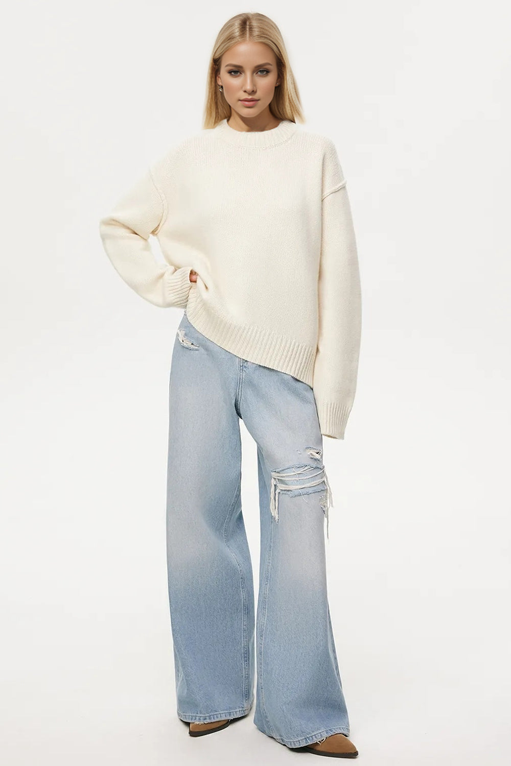 Basic Bae Round Neck Dropped Shoulder Sweater - Sydney So Sweet