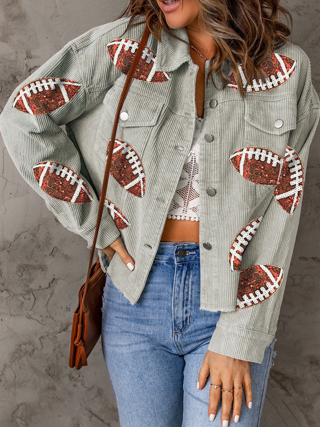 Football Sequin Button Up Dropped Shoulder Jacket - Sydney So Sweet