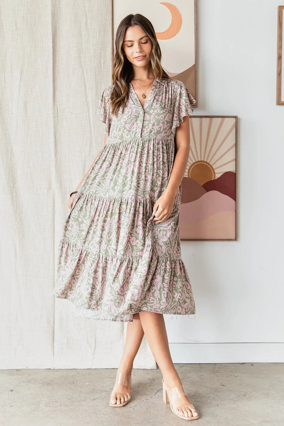 Mittoshop Abstract Print Ruffle Tier Midi Dress - Sydney So Sweet