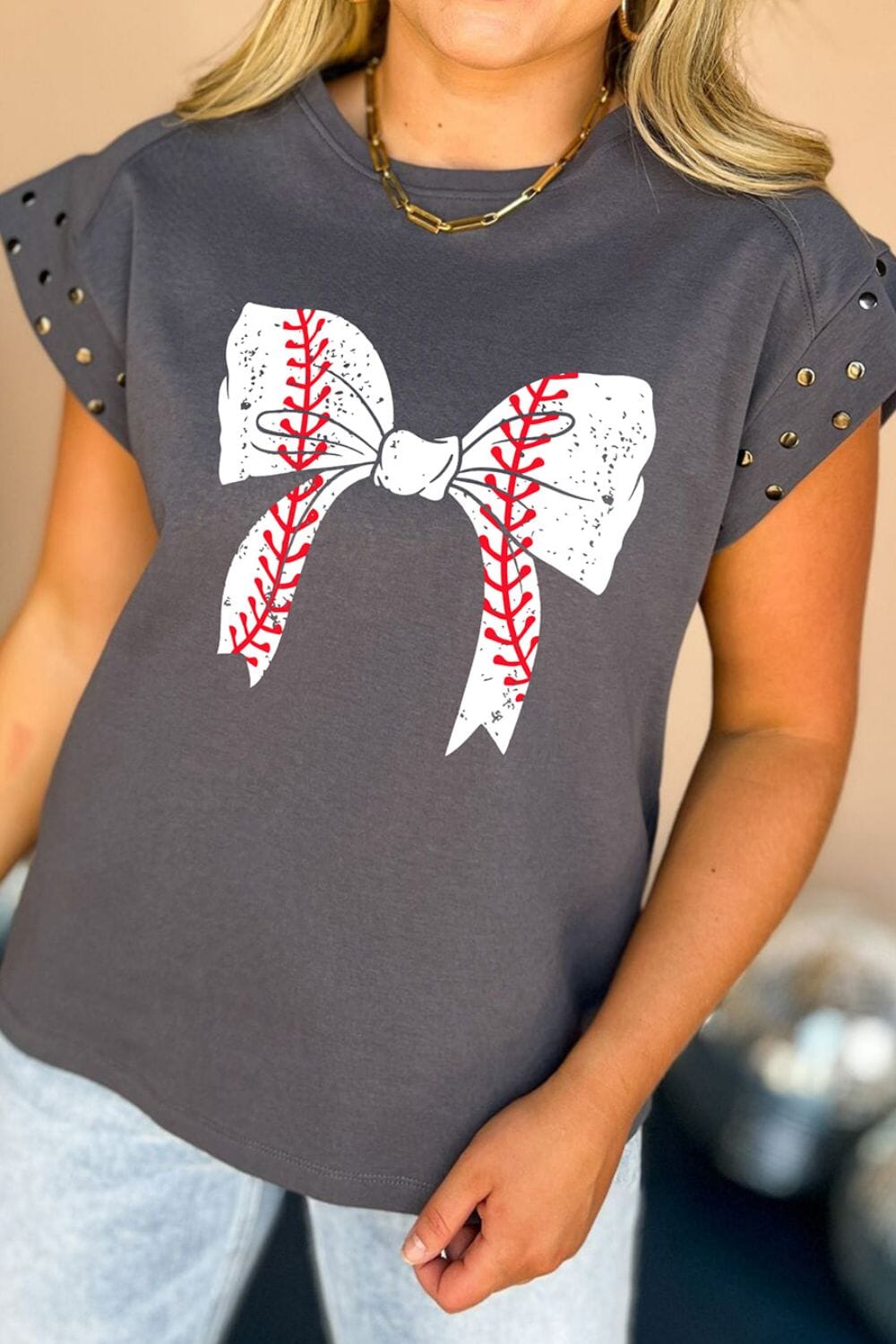 Studded Bow Graphic Round Neck Cap Sleeve T-Shirt - Sydney So Sweet