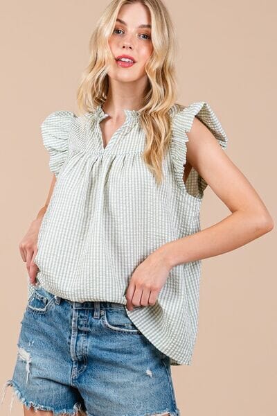 Ces Femme Plaid Notched Ruffled Cap Sleeve Blouse - Sydney So Sweet