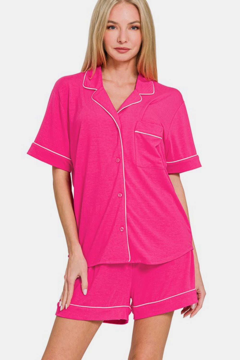 Zenana Button Down Short Sleeve Top and Shorts Lounge Set - Sydney So Sweet