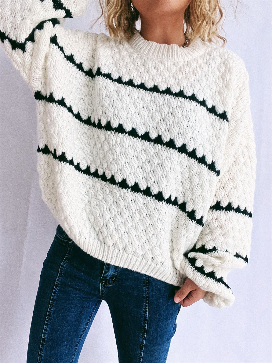 Contrast Stripes Round Neck Long Sleeve Sweater - Sydney So Sweet