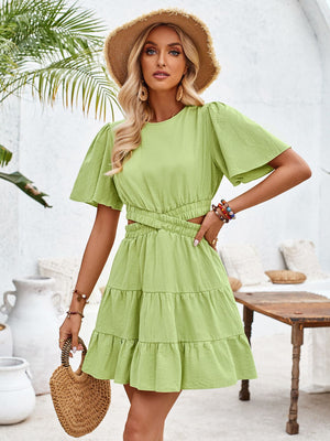 Crisscross Round Neck Flutter Sleeve Mini Dress - Sydney So Sweet