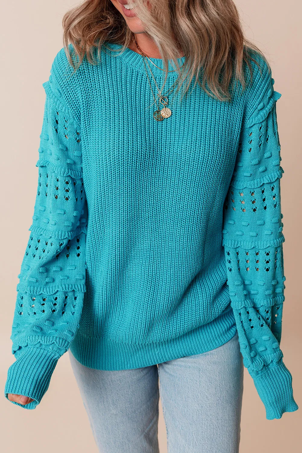 Openwork Frill Round Neck Long Sleeve Sweater - Sydney So Sweet