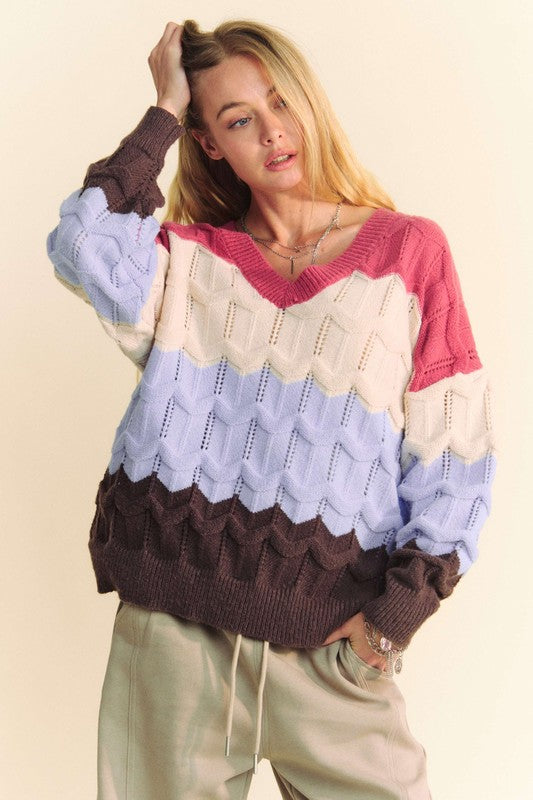 Davi &amp; Dani Wavy Texture Color Block V-Neck Sweater - Sydney So Sweet