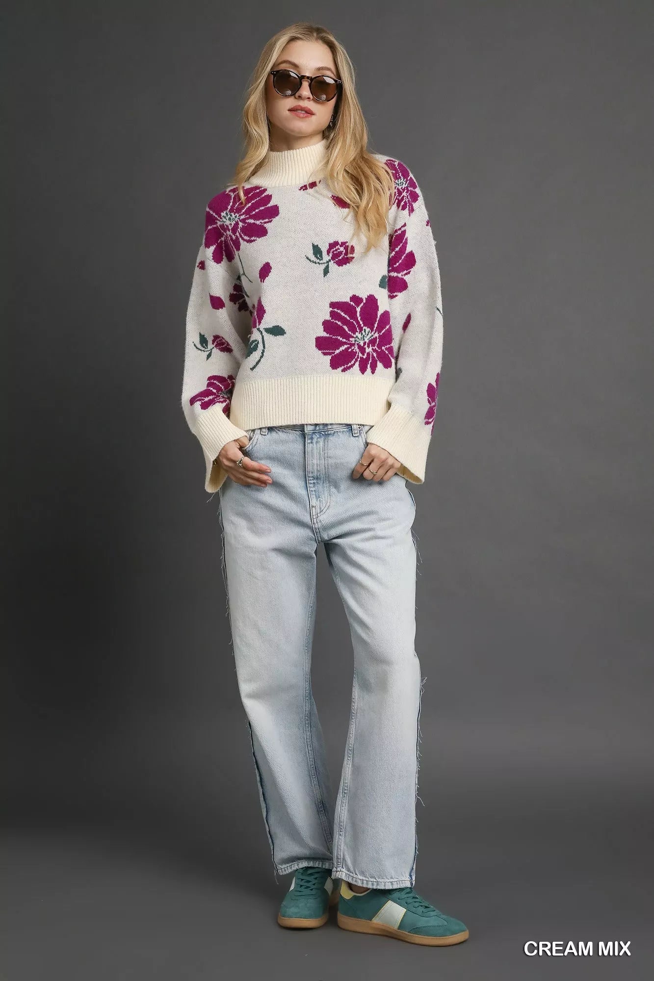 Umgee Floral Patterned Mock Neck Sweater - Sydney So Sweet