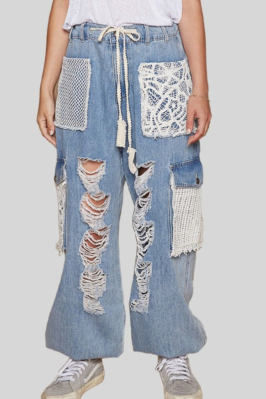 POL Crochet Patch Distressed Washed Jeans - Sydney So Sweet